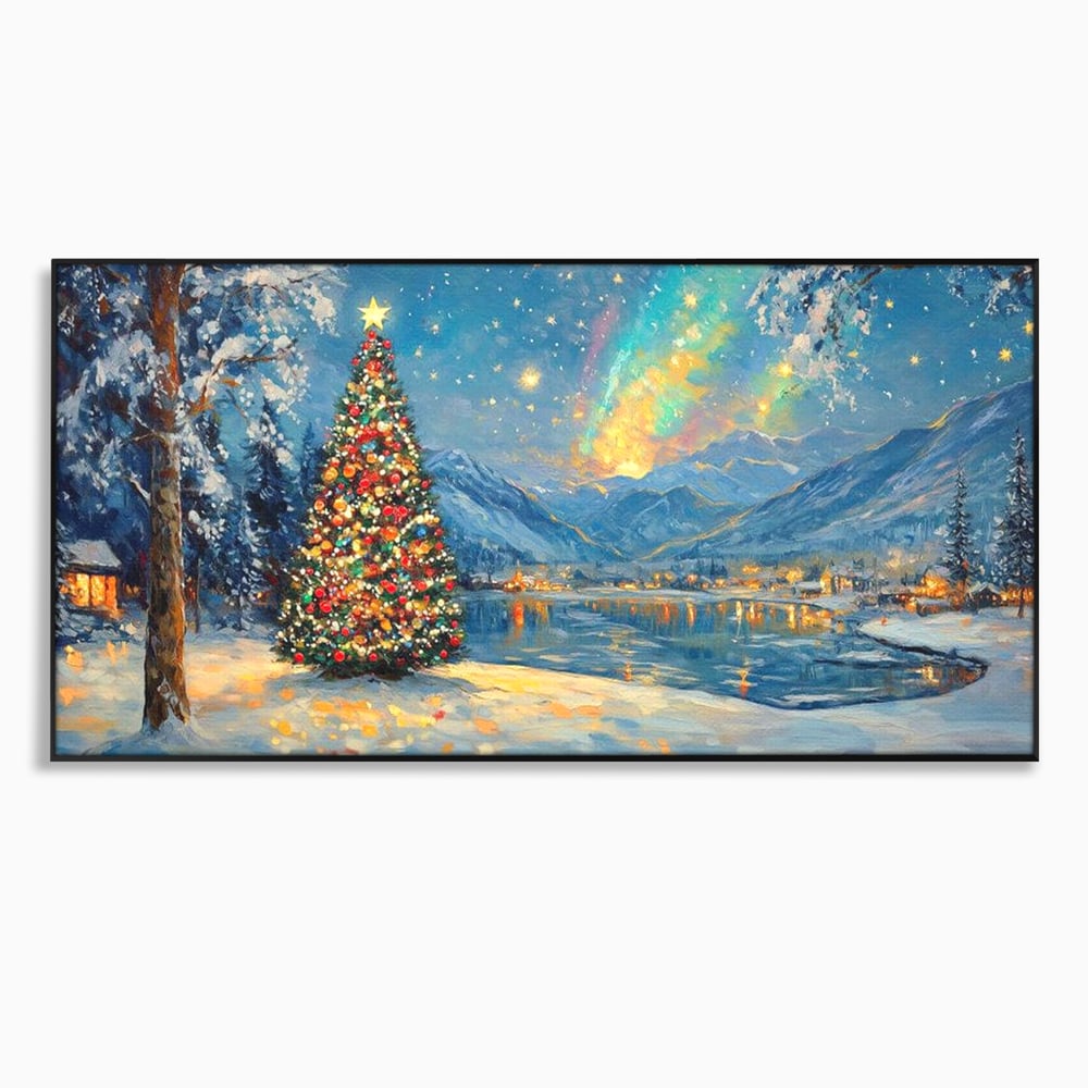 Tablou canvas cu pictura cu brad de craciun pe malul lacului, in rama de aluminiu negru